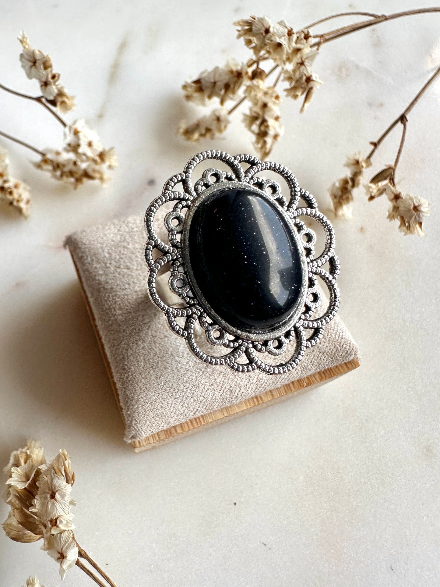 Bague bohème chic en Obsidienne et argent vieilli