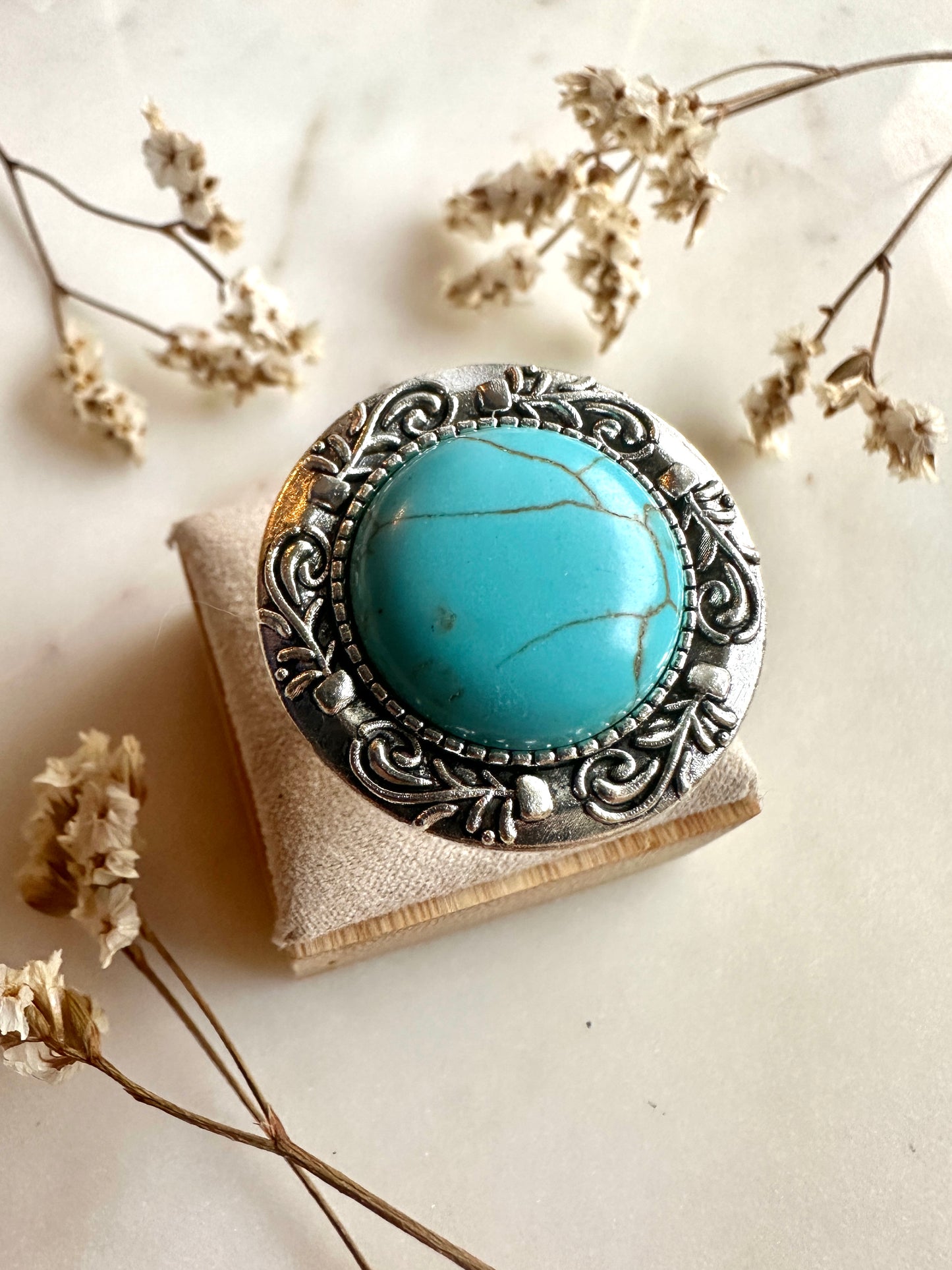 Bague bohème chic en turquoise et argent vieilli