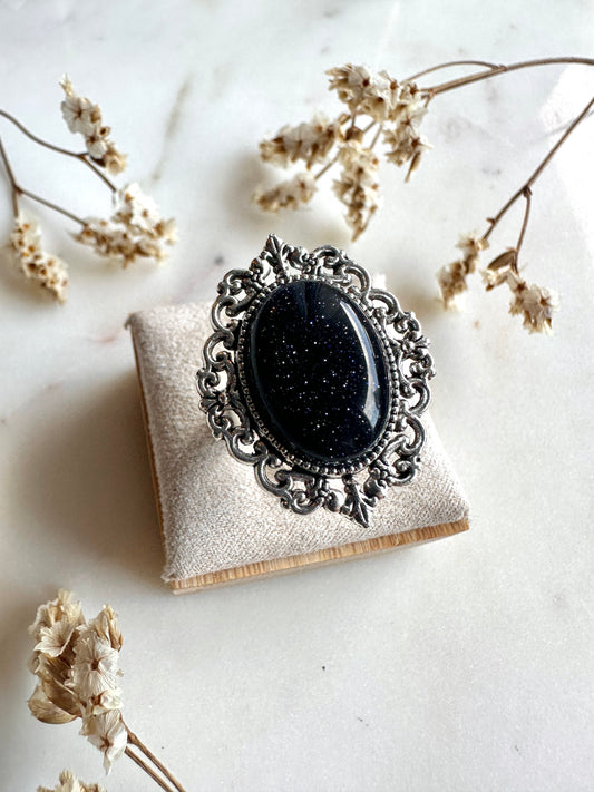 Bague bohème chic en Obsidienne et argent vieilli