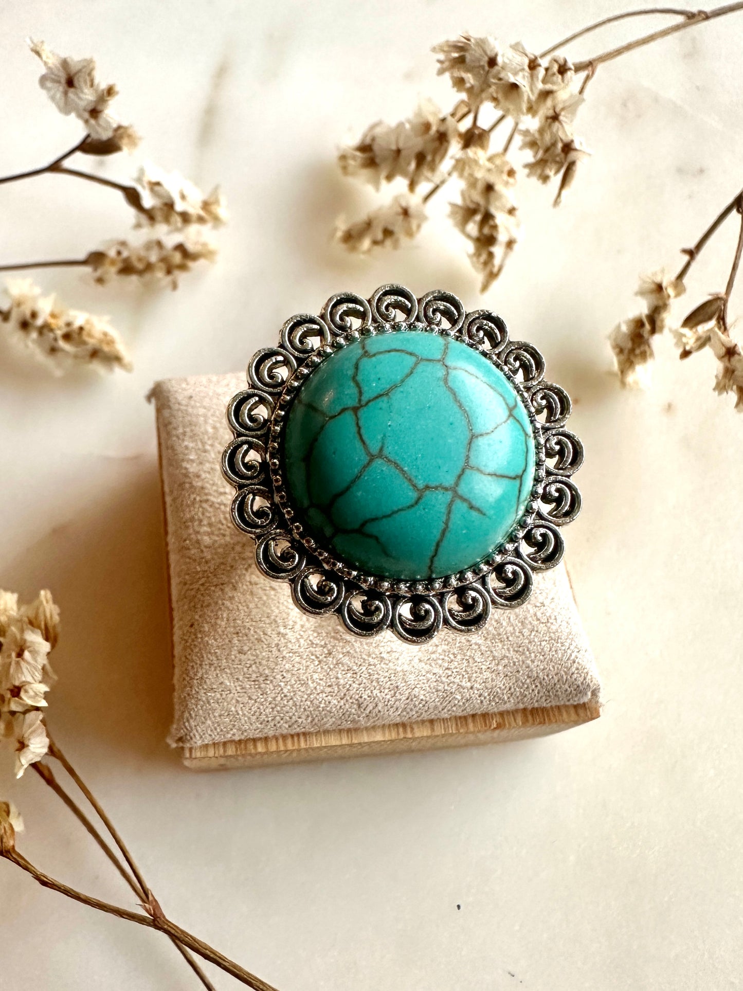 Bague bohème chic en turquoise et argent vieilli