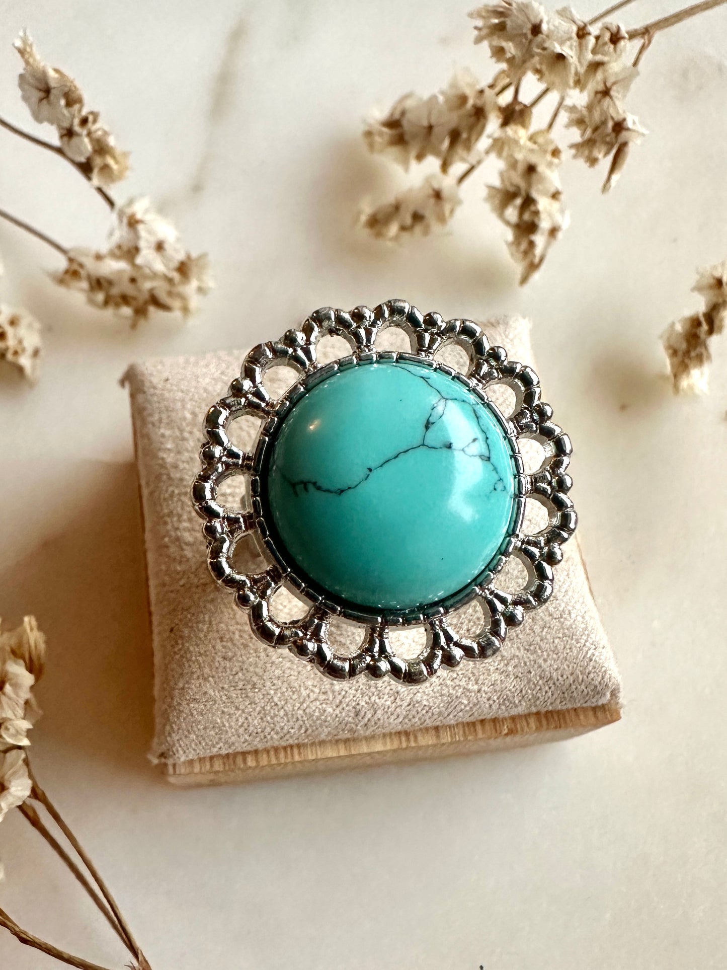 Bague bohème chic en turquoise et argent vieilli